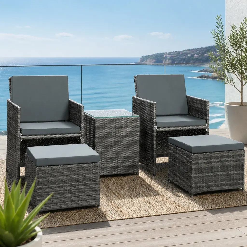 5 Piece Wicker Outdoor Bistro Set with Chairs Ottoman and Glass Table