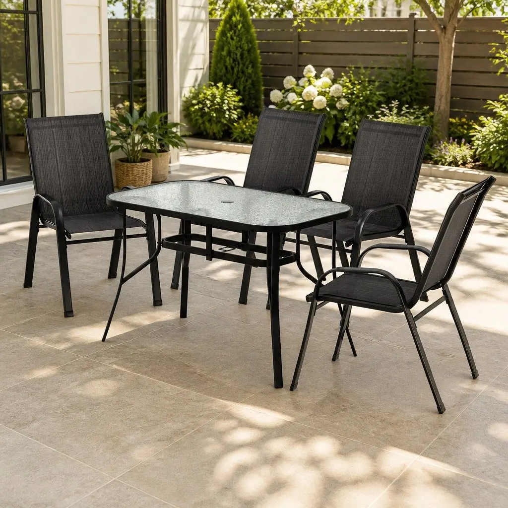 5 Piece Outdoor Dining Set Black Steel Frame Tempered Glass Table Stackable Chairs