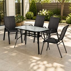 5 Piece Outdoor Dining Set Black Steel Frame Glass Table Stackable Chairs Patio