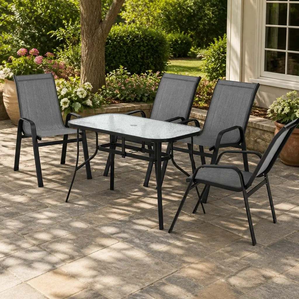 Outdoor Dining Set 5 Piece Grey Tempered Glass Table Stackable Chairs