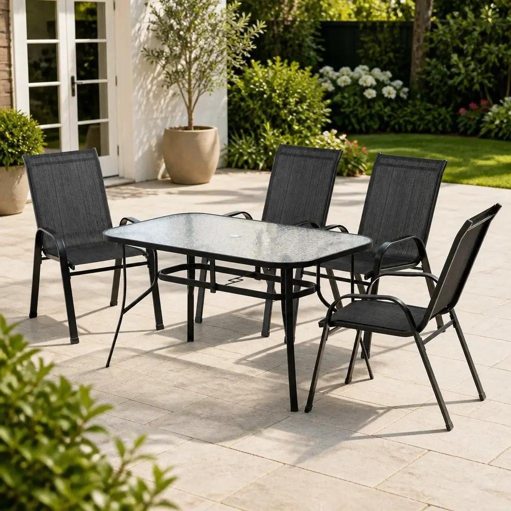 5 Piece Outdoor Dining Set Black Steel Frame Stackable Chairs Tempered Glass Table