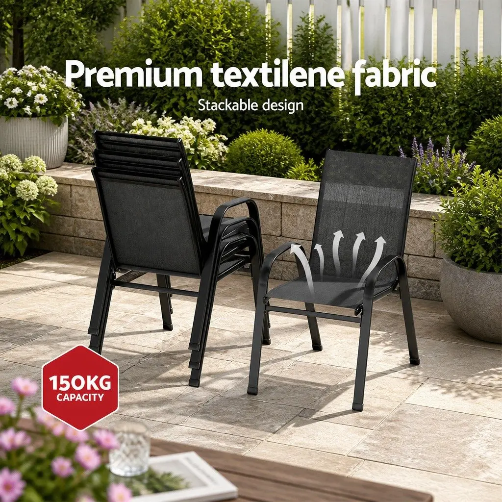 5 Piece Outdoor Dining Set Black Steel Frame Stackable Chairs Tempered Glass Table
