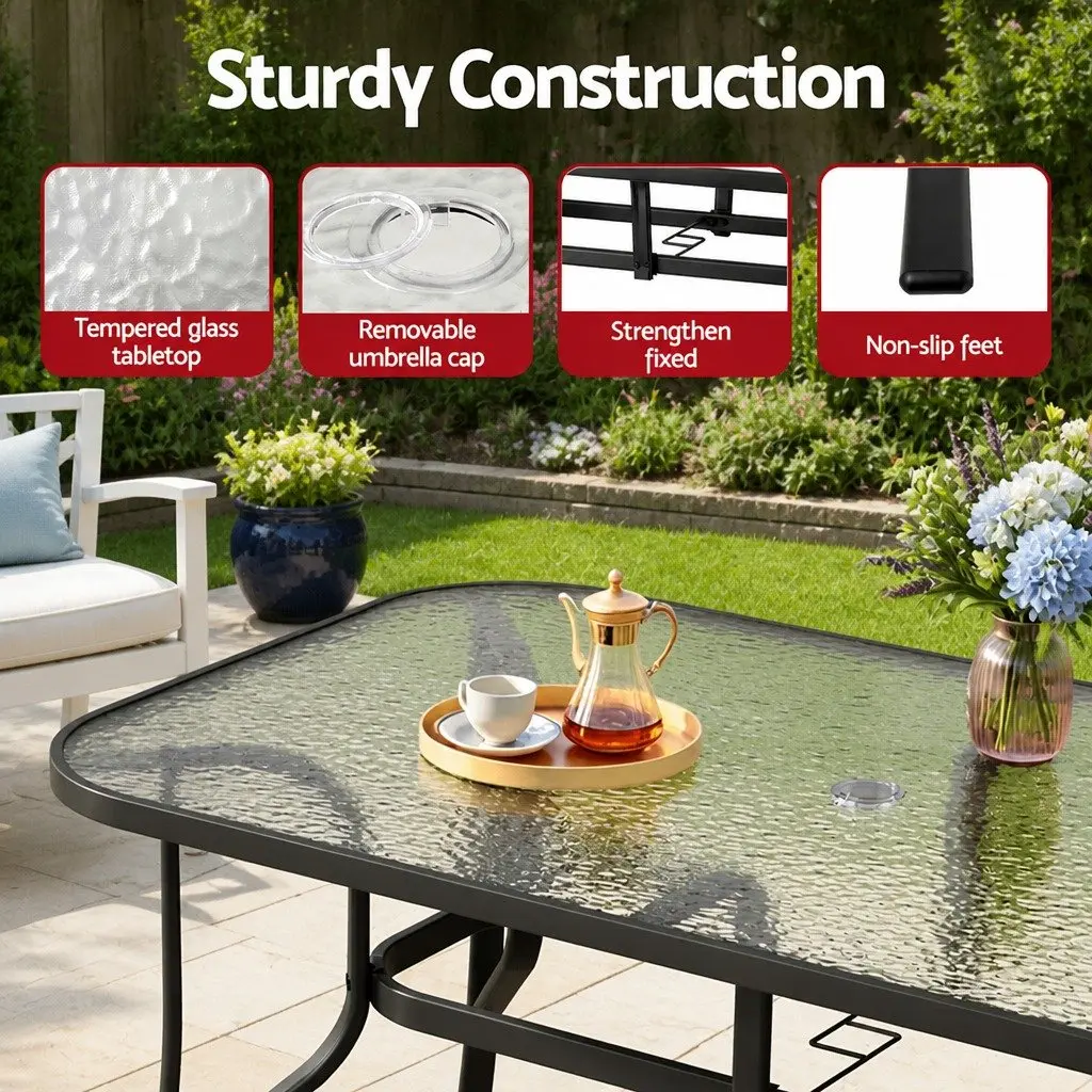 5 Piece Outdoor Dining Set Black Steel Frame Stackable Chairs Tempered Glass Table