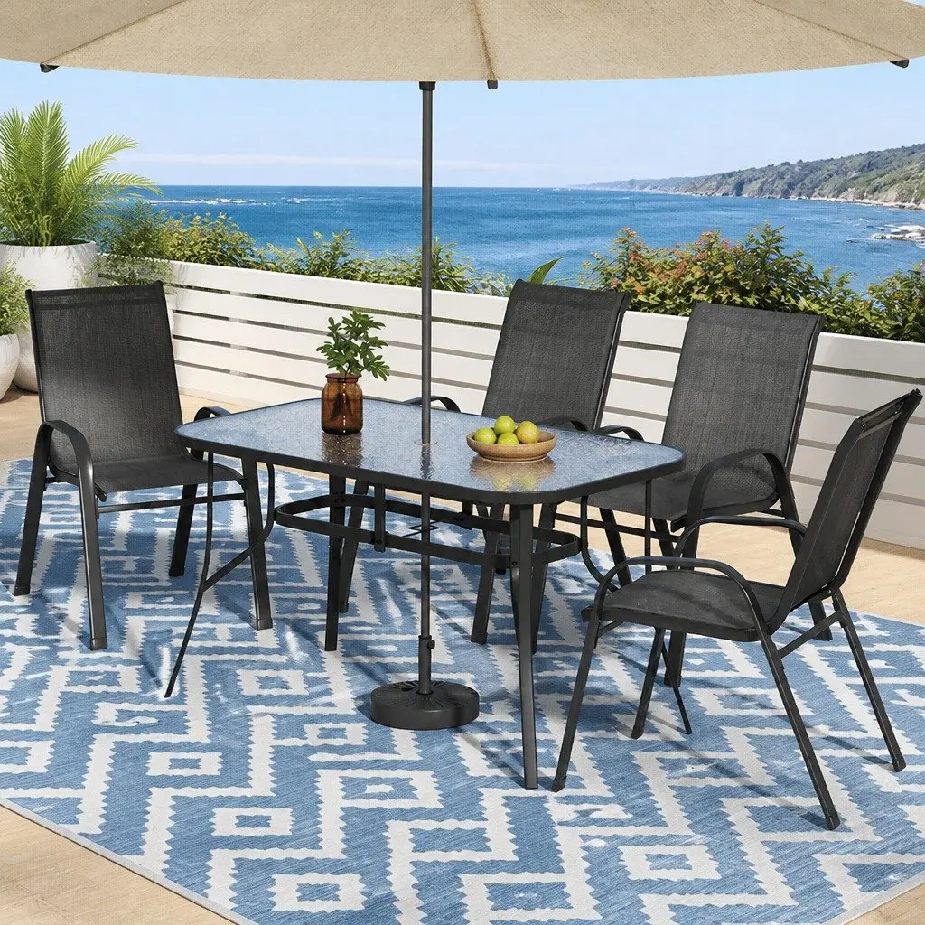 5 Piece Outdoor Dining Set Black Steel Frame Stackable Chairs Tempered Glass Table