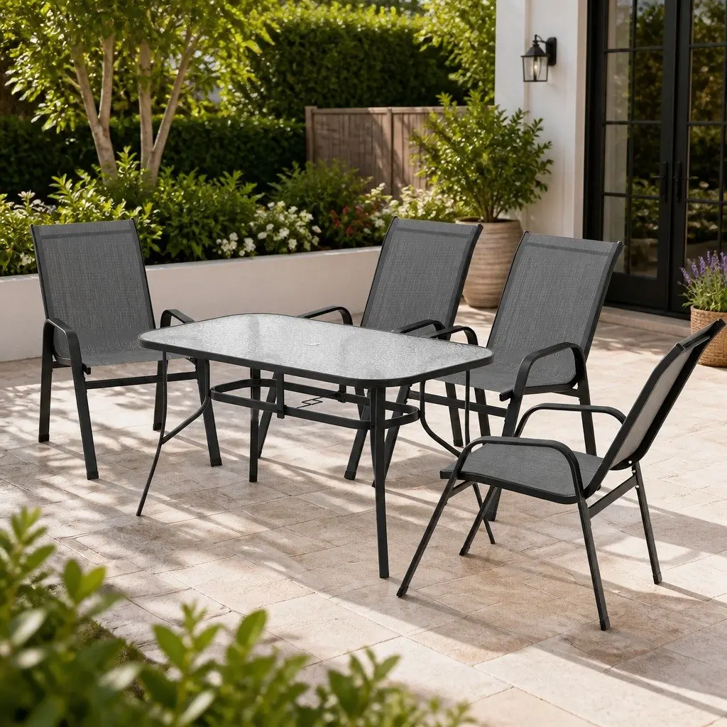 Outdoor Dining Set 5 Piece Stackable Chairs Tempered Glass Table Grey