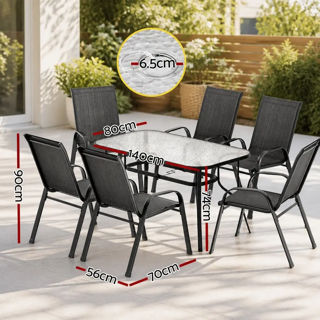 7 Piece Outdoor Dining Set Black Tempered Glass Table Stackable Chairs