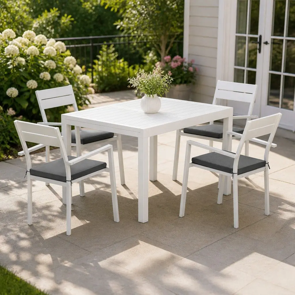 Outdoor Dining Set 5 Piece Extendable Table and Chairs Aluminium White Grey Cushions