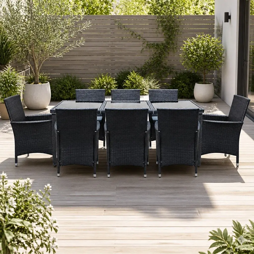 Outdoor Dining Set 9 Piece Wicker Lounge Chairs Table Black Garden Furniture
