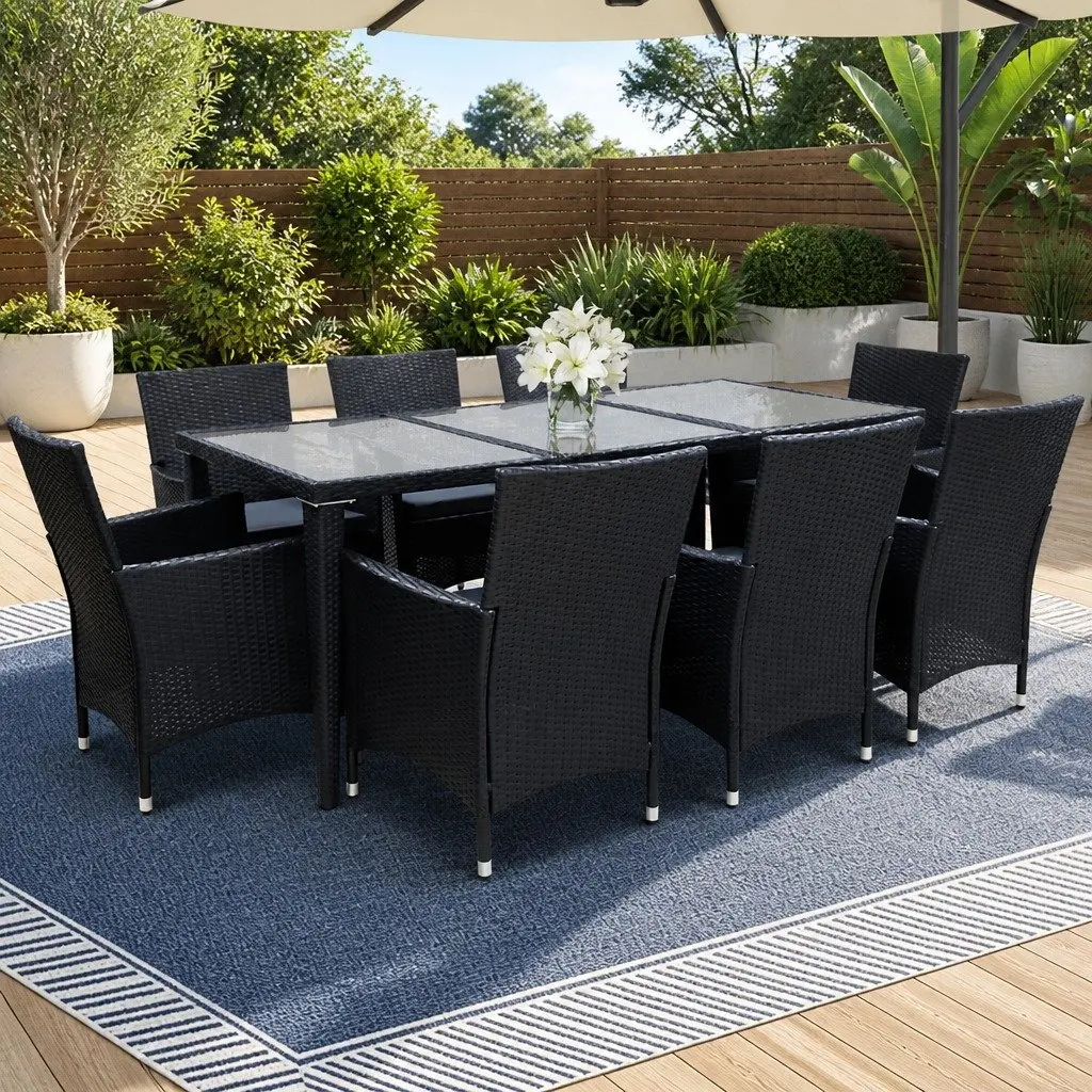 Outdoor Dining Set 9 Piece Wicker Lounge Chairs Table Black Garden Furniture