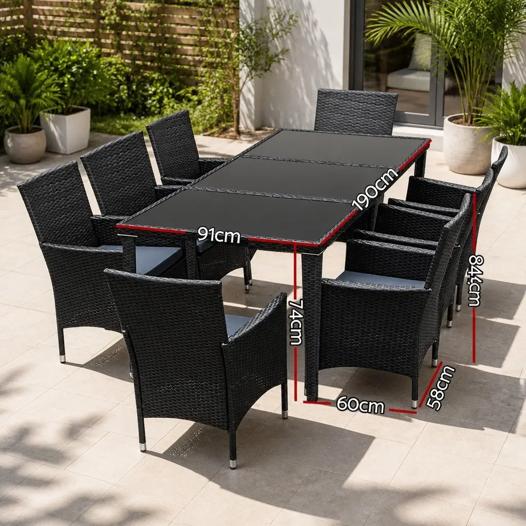 Outdoor Dining Set 9 Piece Wicker Lounge Chairs Table Black Garden Furniture