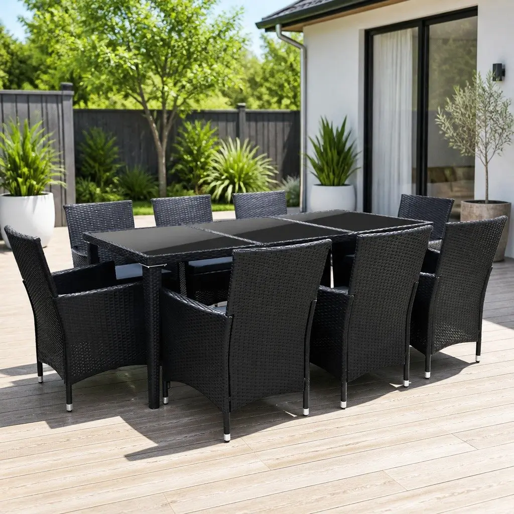 Outdoor Dining Set 9 Piece Wicker Lounge Chairs Table Black Garden Furniture