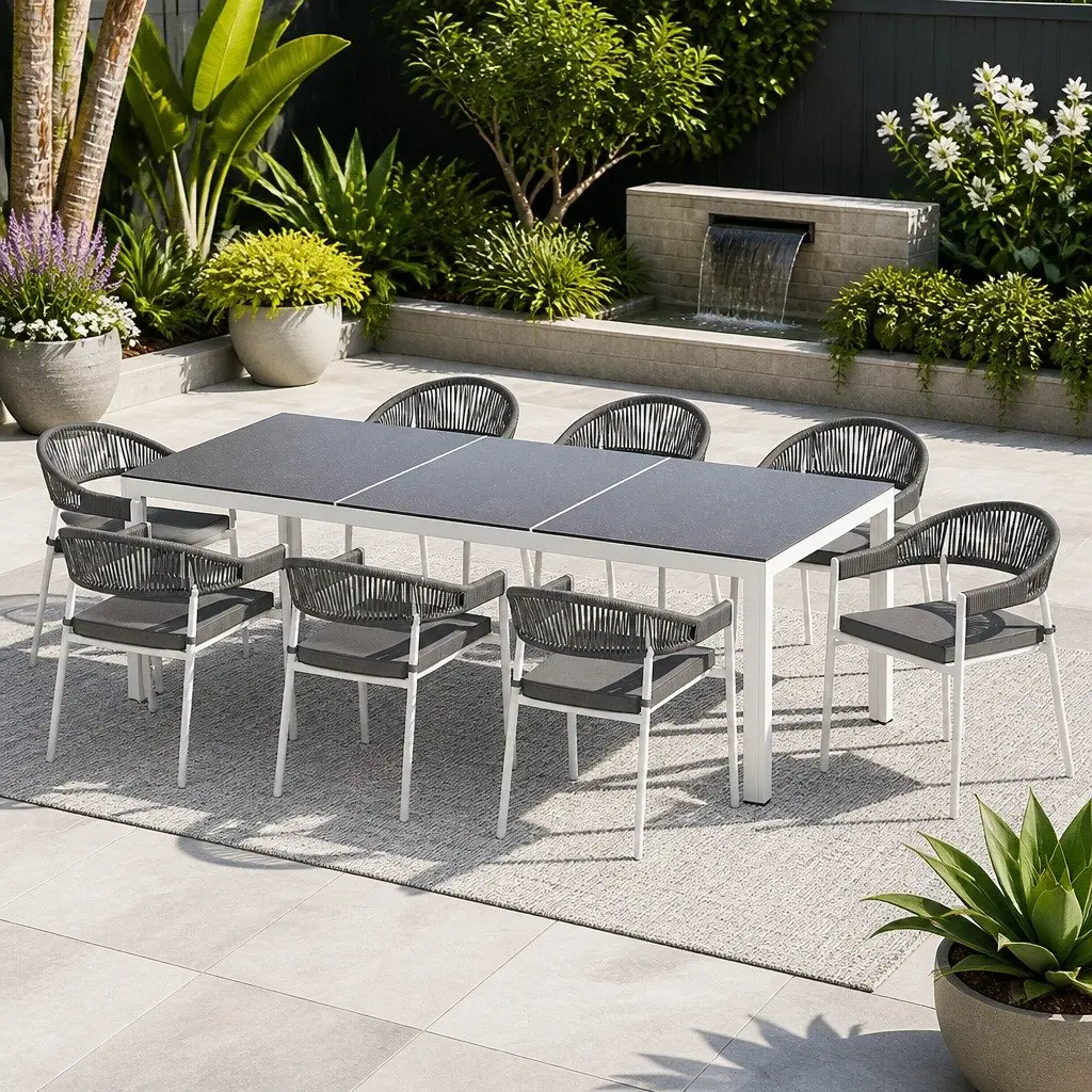 9 Piece Steel Table and Chair Outdoor Dining Set with Cushions Grey Color and Hand-Woven Rope Detailing