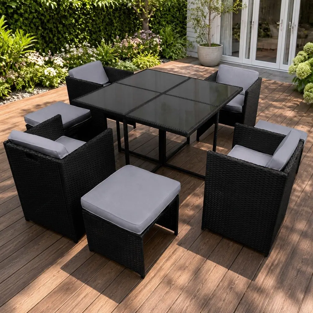 Outdoor Dining Set 9 Piece Wicker Table Chair Ottoman Black UV Resistant for 8 Seaters Garden