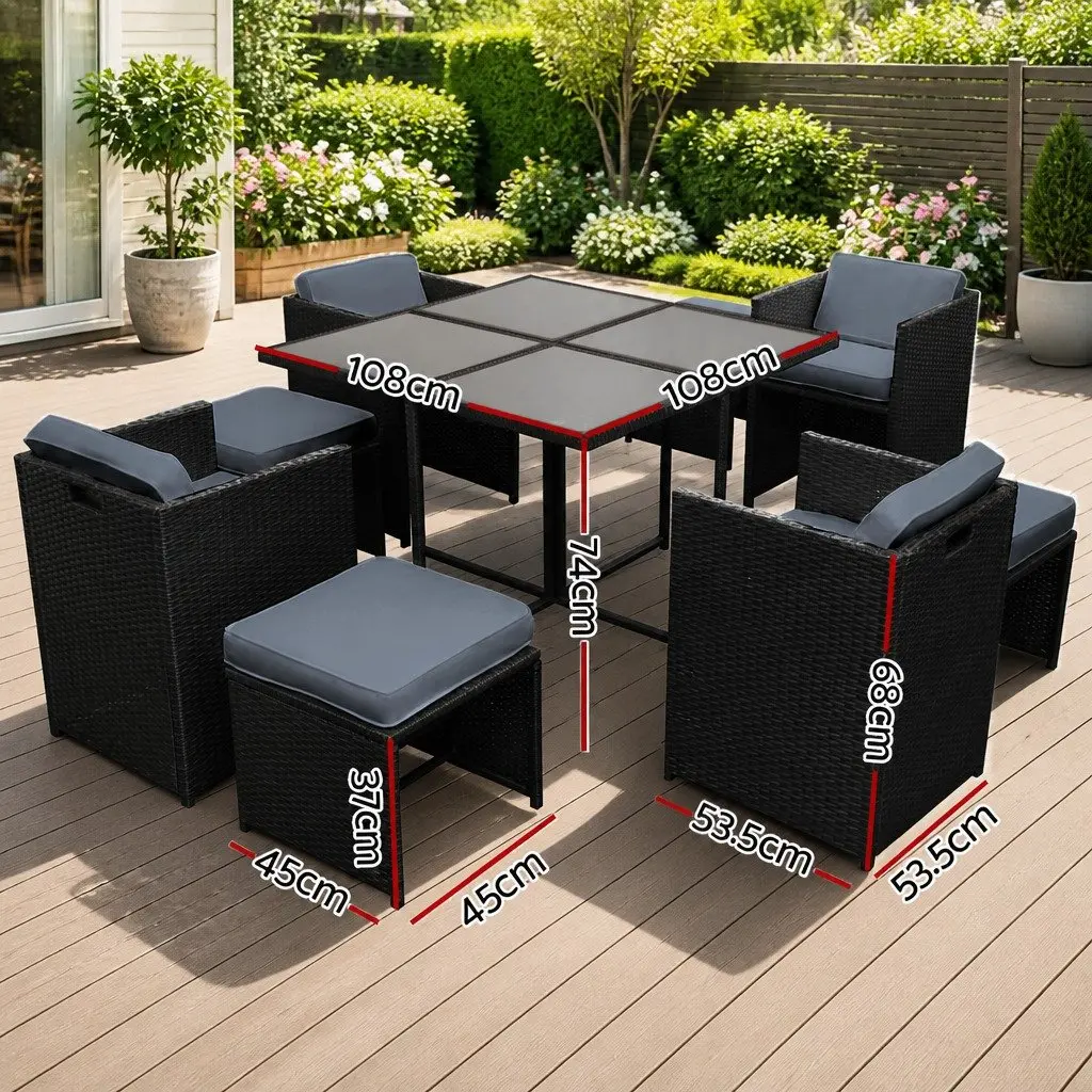 Outdoor Dining Set 9 Piece Wicker Table Chair Ottoman Black UV Resistant for 8 Seaters Garden