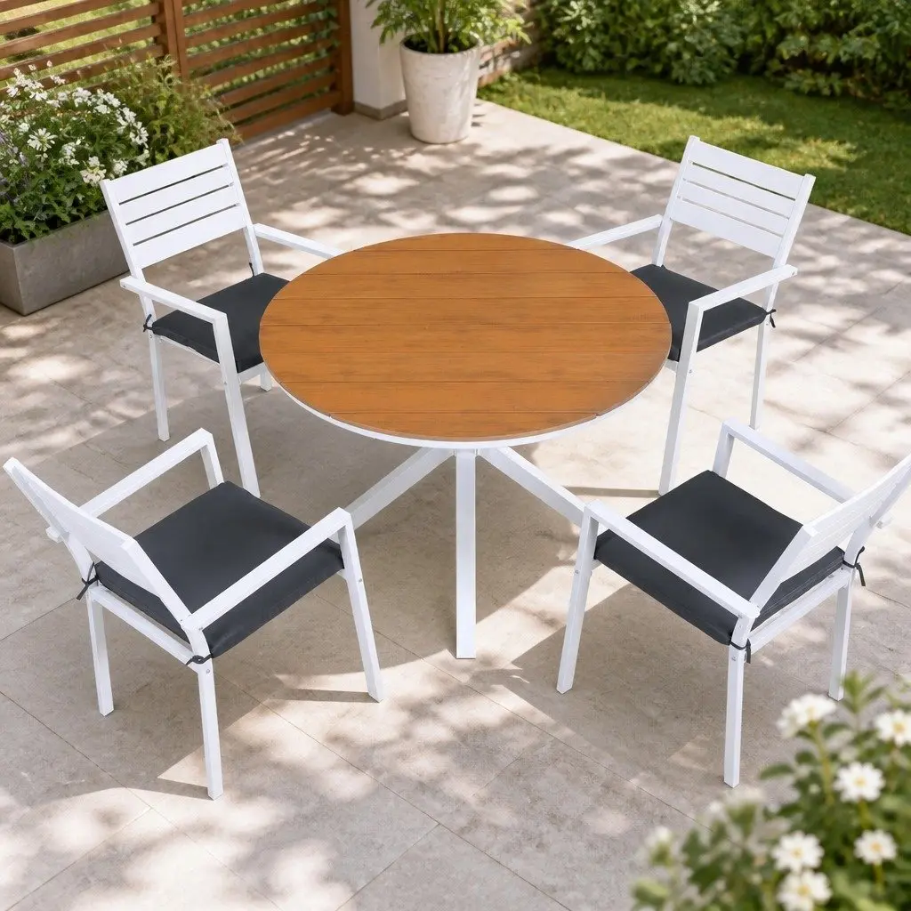 Outdoor Dining Set 5 Piece Round Table with Stackable Chairs Weather Resistant Patio Furniture White