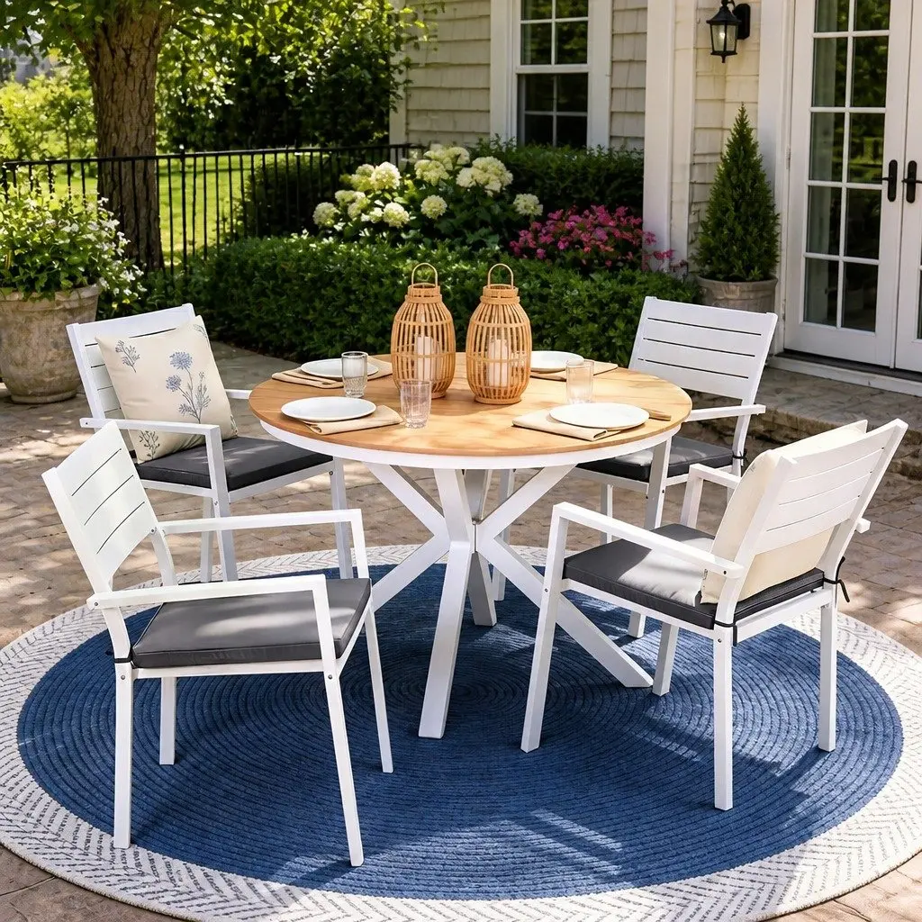 Outdoor Dining Set 5 Piece Round Table with Stackable Chairs Weather Resistant Patio Furniture White