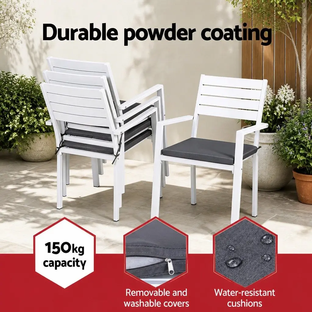 Outdoor Dining Set 5 Piece Round Table with Stackable Chairs Weather Resistant Patio Furniture White
