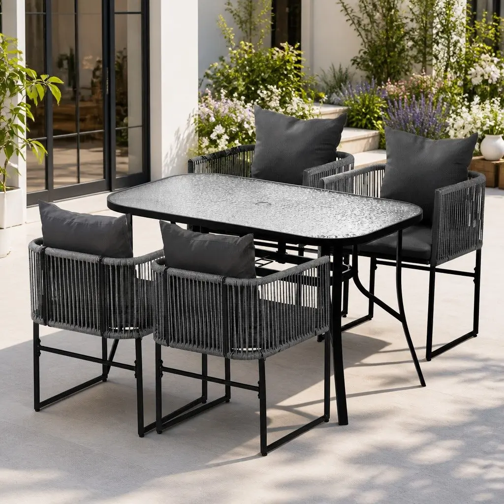 5 Piece Patio Dining Set Tempered Glass Table Steel Frame Rope Chairs Outdoor Furniture
