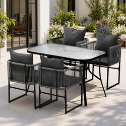 5 Piece Outdoor Dining Set Black Rope Chairs Glass Table Patio Furniture