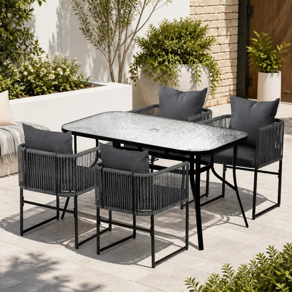 5 Piece Outdoor Dining Set Tempered Glass Table with Parasol Hole and Stackable Chairs for Patio Garden Furniture
