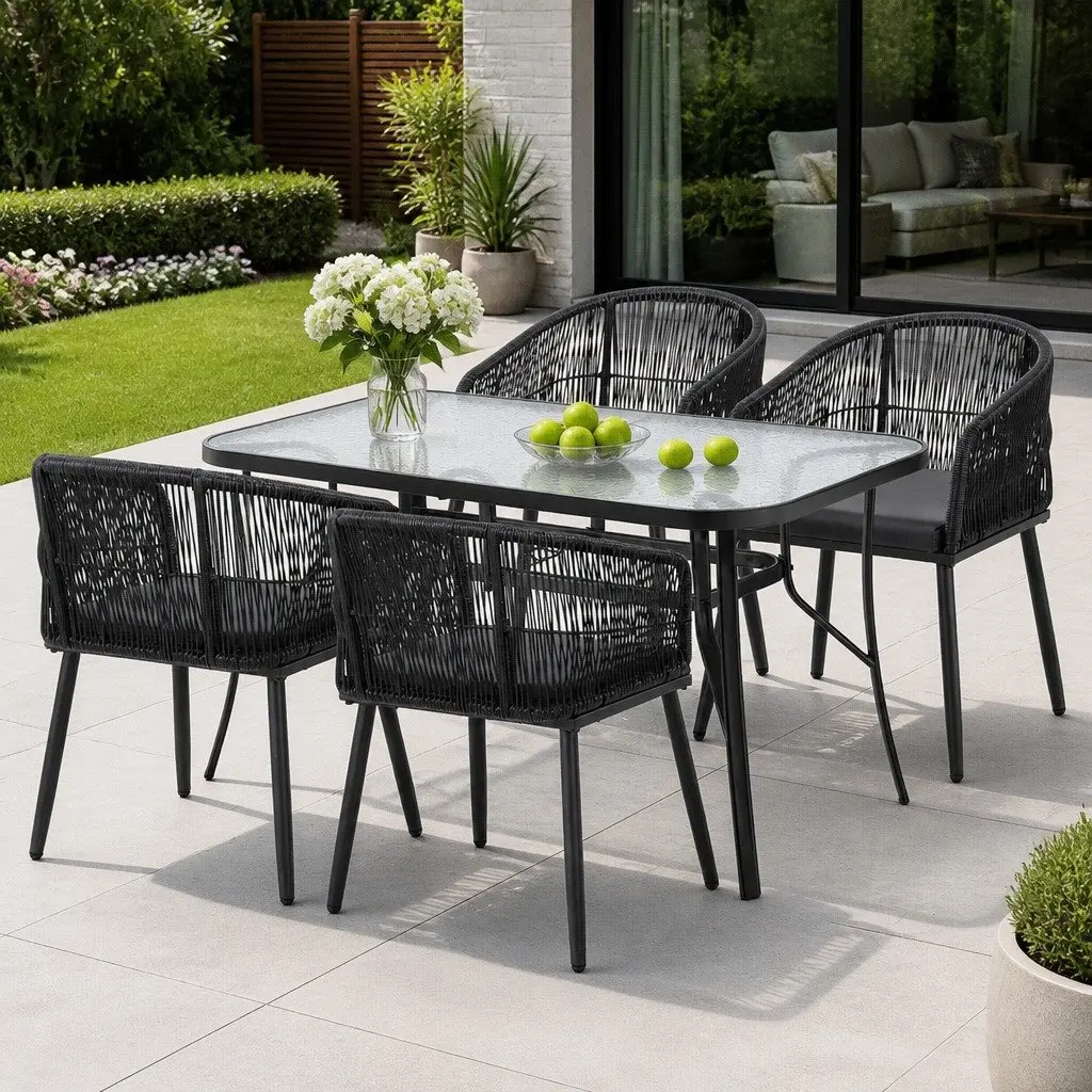 Outdoor Dining Set 5 Piece Black Tempered Glass Table with Hand-Woven Wicker Chairs