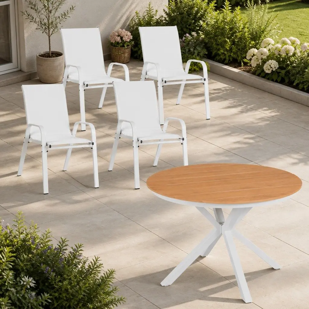 7 Piece Outdoor Dining Set White WPC Table and Stackable Chairs for Patio Garden