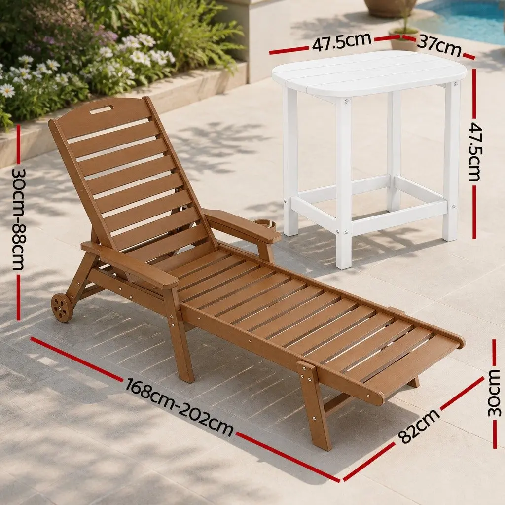 Outdoor Chaise Lounge Set 3 Piece Adjustable Reclining with Rolling Wheels and Side Table