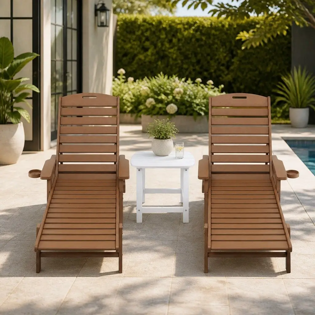 Outdoor Chaise Lounge Set 3 Piece Adjustable Reclining with Rolling Wheels and Side Table
