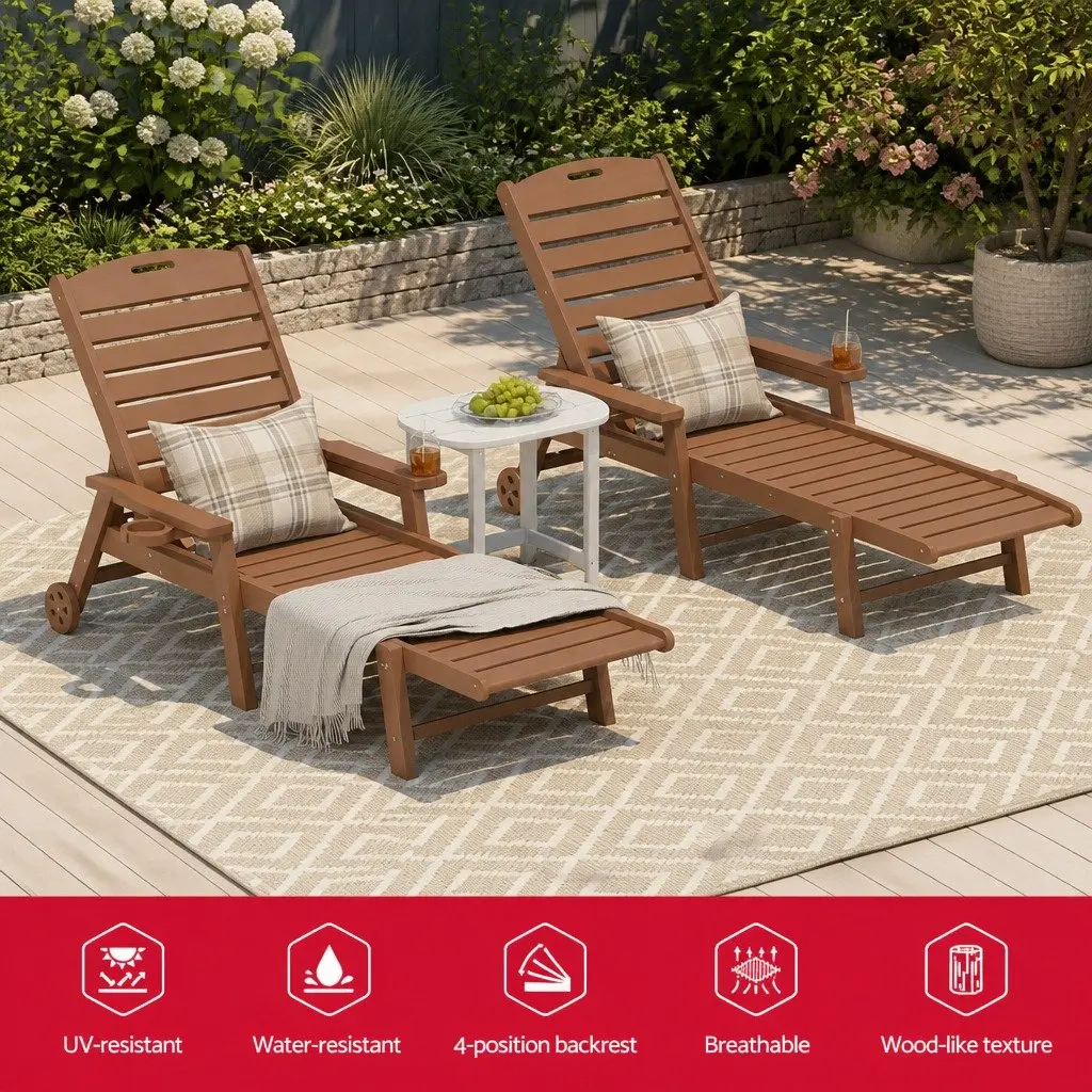Outdoor Chaise Lounge Set 3 Piece Adjustable Reclining with Rolling Wheels and Side Table