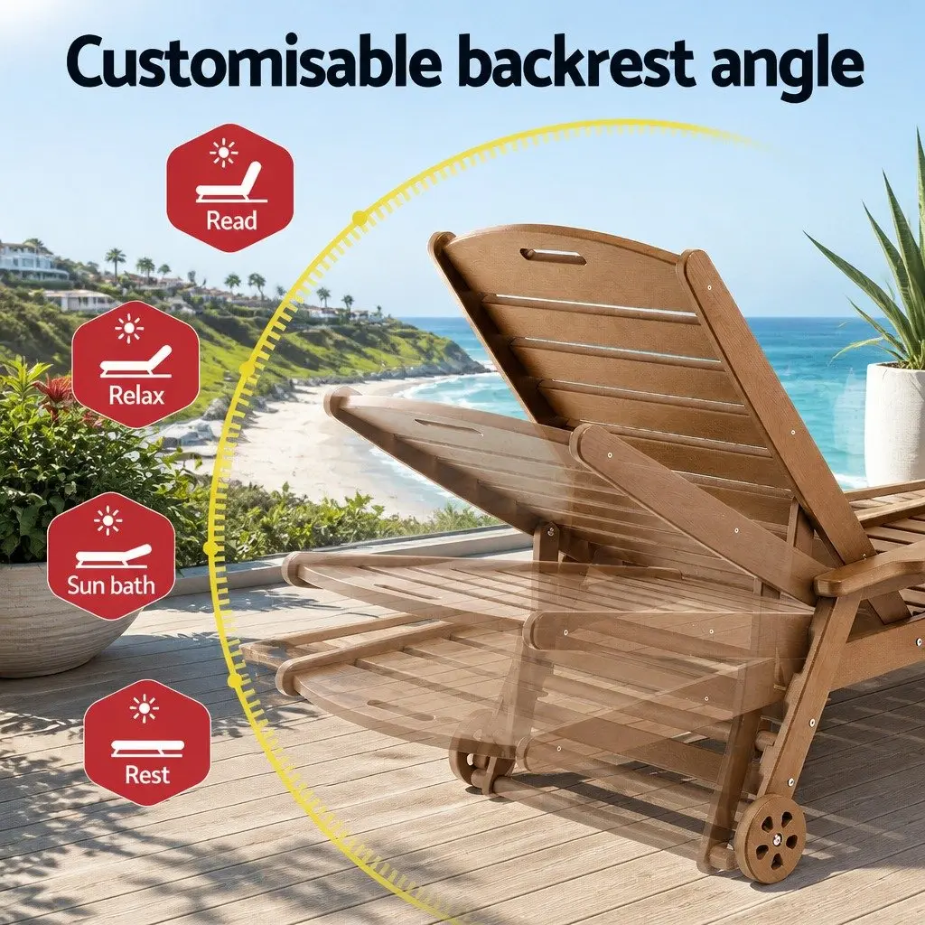 Outdoor Chaise Lounge Set 3 Piece Adjustable Reclining with Rolling Wheels and Side Table