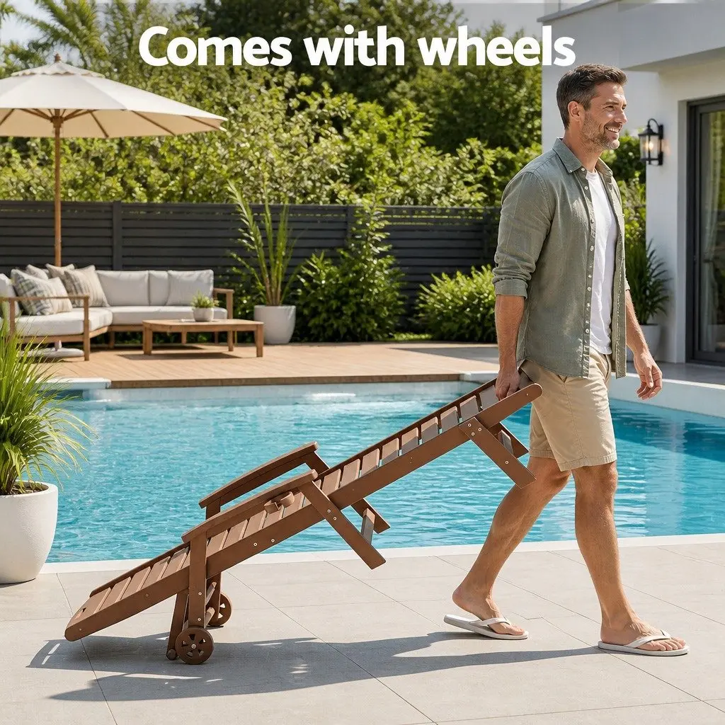 Outdoor Chaise Lounge Set 3 Piece Adjustable Reclining with Rolling Wheels and Side Table