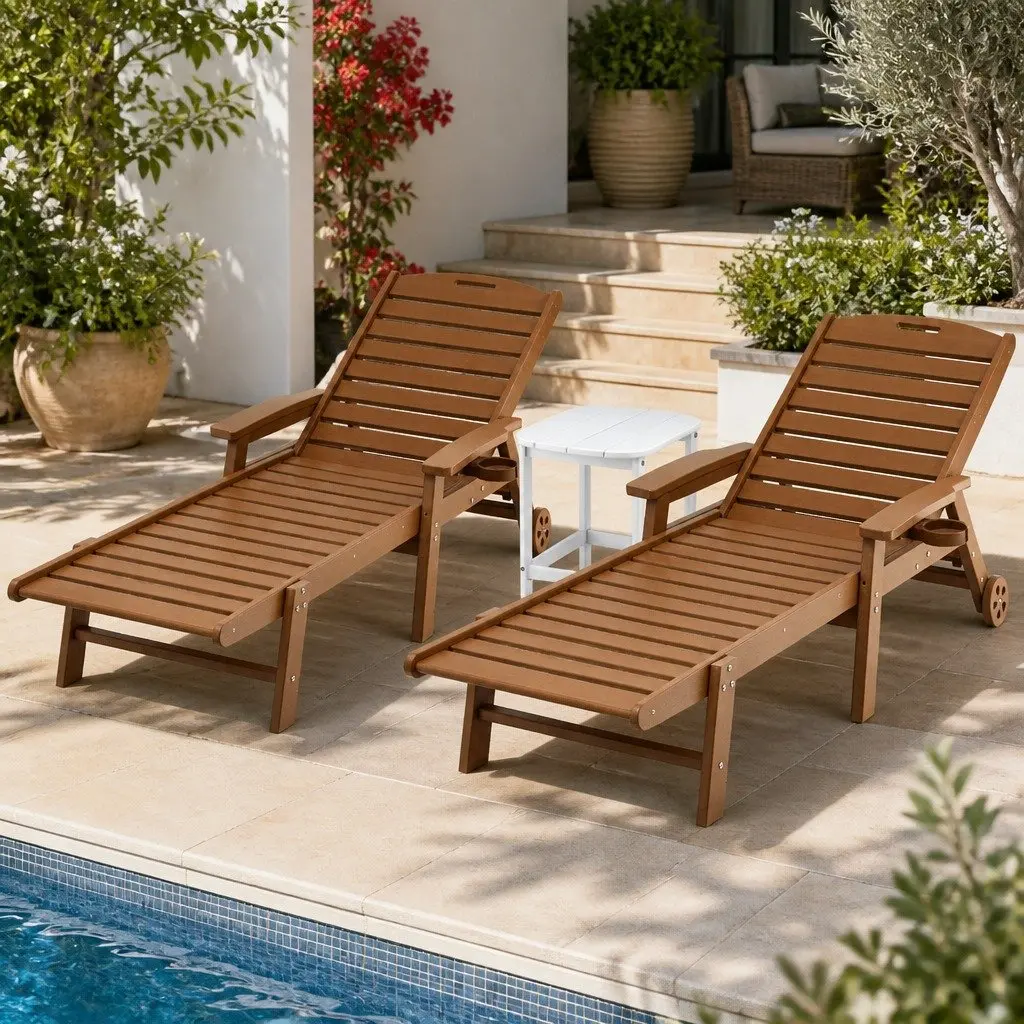 Outdoor Chaise Lounge Set 3 Piece Adjustable Reclining with Rolling Wheels and Side Table