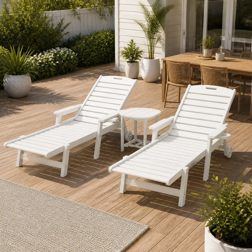 Outdoor Sun Lounge Chair Set 3 Piece Adjustable Reclining Weatherproof with Side Table