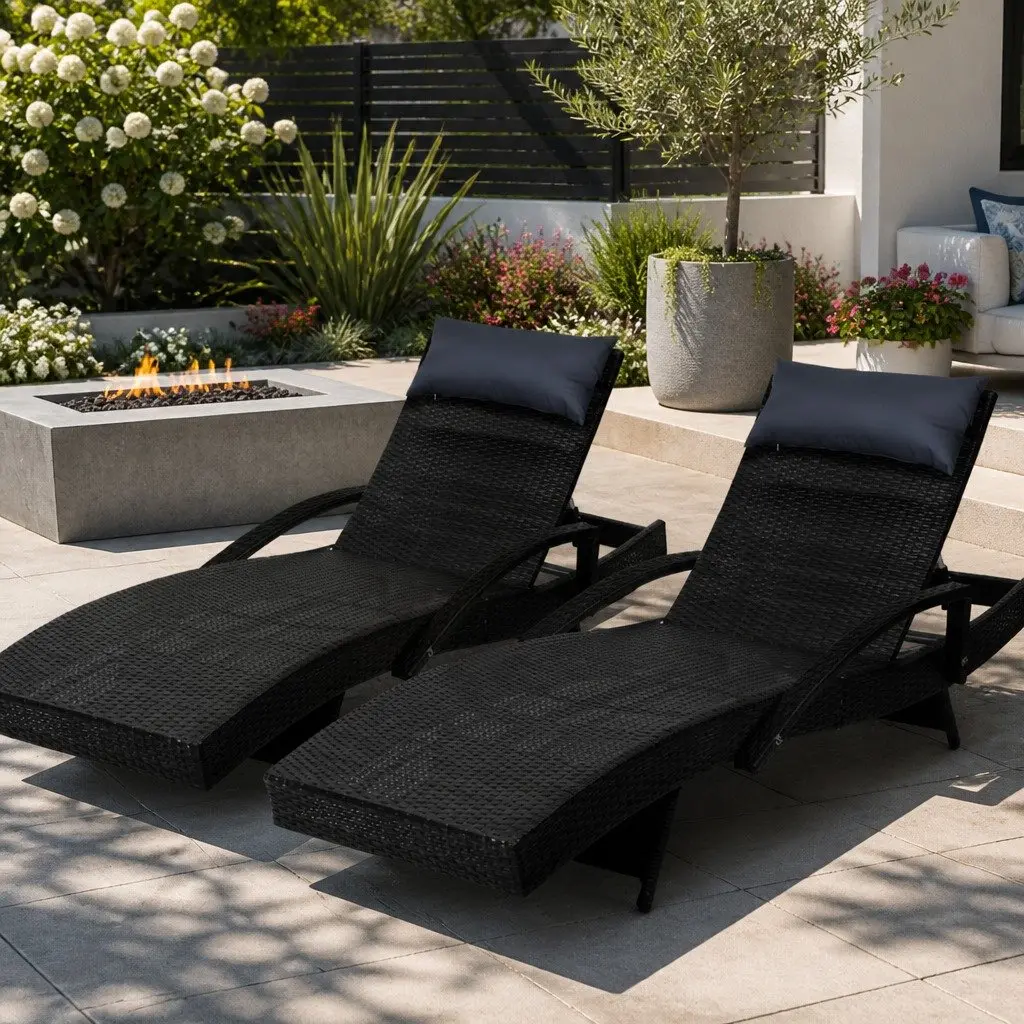 Outdoor Sun Lounge Adjustable Backrest Wicker Lounger with Cushioned Headrest Set of Two