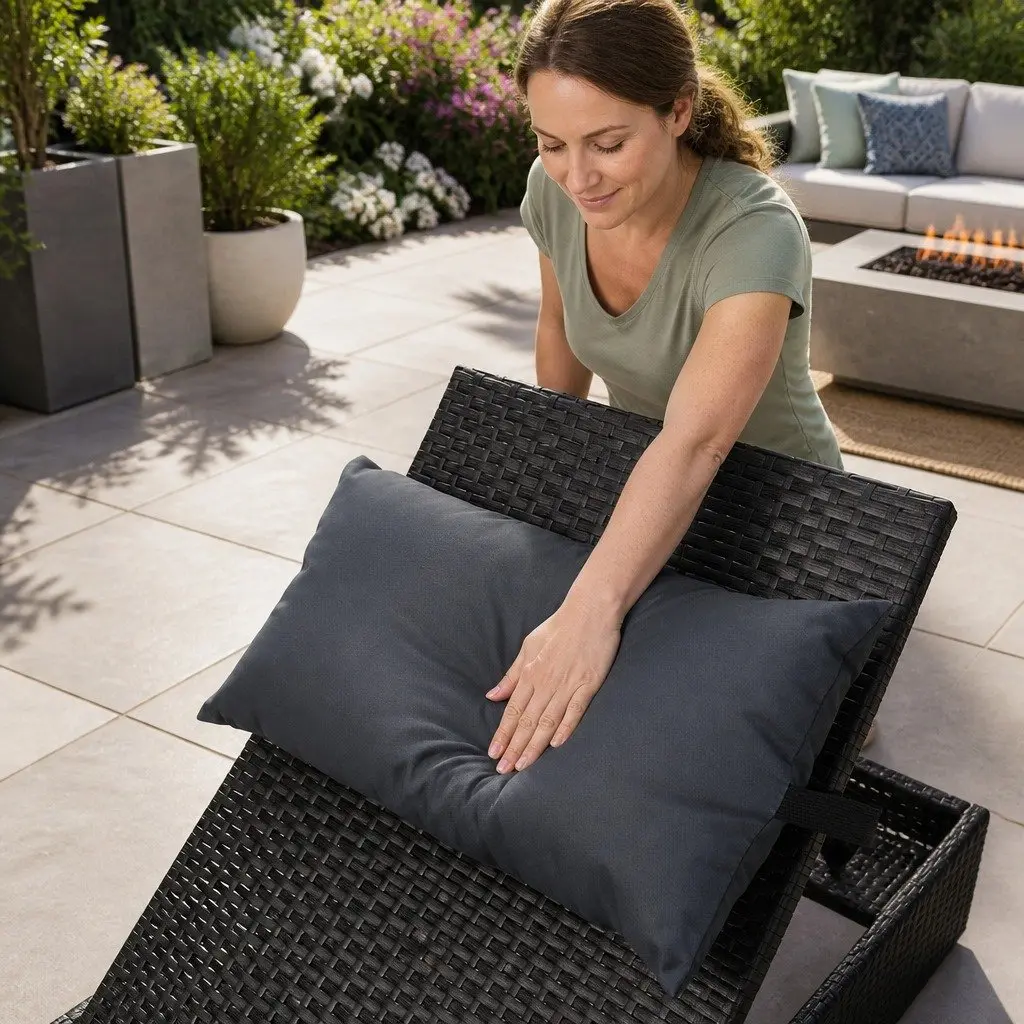 Outdoor Sun Lounge Adjustable Backrest Wicker Lounger with Cushioned Headrest Set of Two