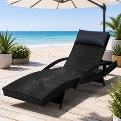 Sun Lounge Chair Outdoor Wicker Lounger Adjustable Backrest Armrest Black