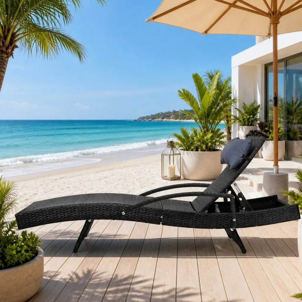 Sun Lounge Chair Outdoor Adjustable Backrest Wicker Lounger Black