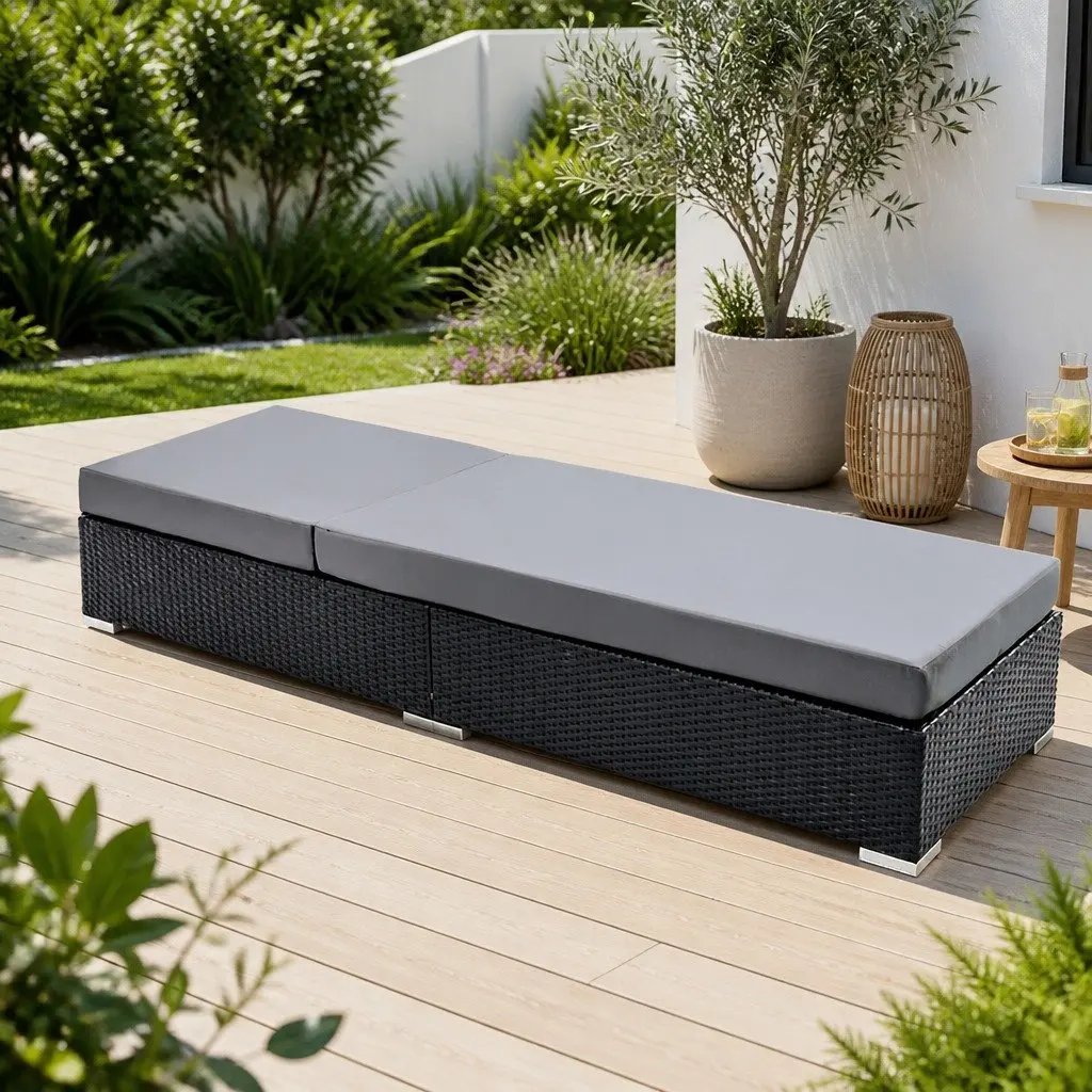 2PC Adjustable Outdoor Wicker Sun Lounge with Cushion for Relaxation and Comfort