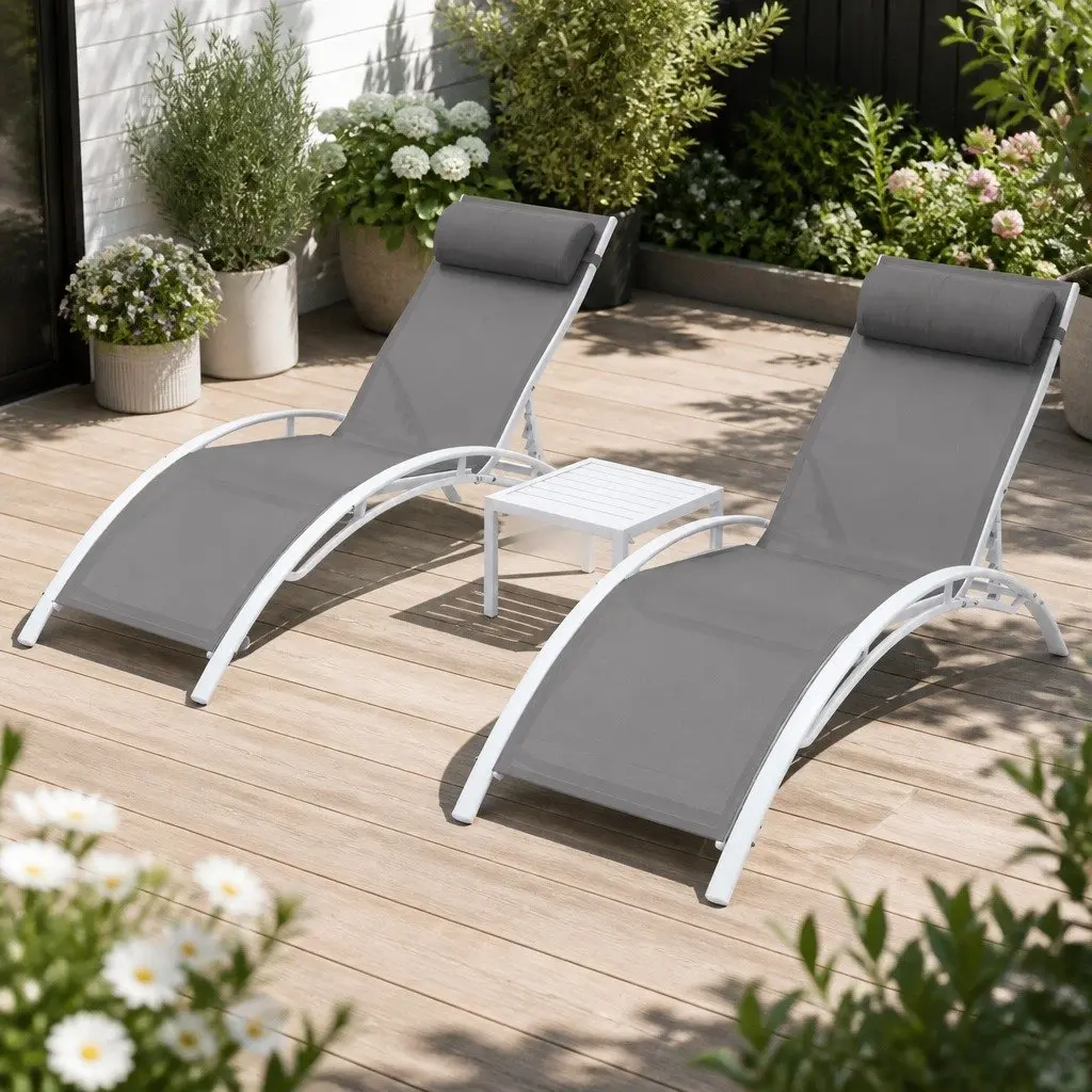 3 Piece Outdoor Lounge Set Adjustable Backrest Sun Lounger Chairs Steel Frame White