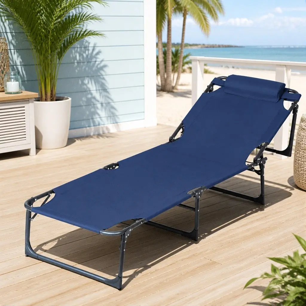 Folding Beach Chair 4-Position Adjustable Backrest Steel Frame Outdoor Patio