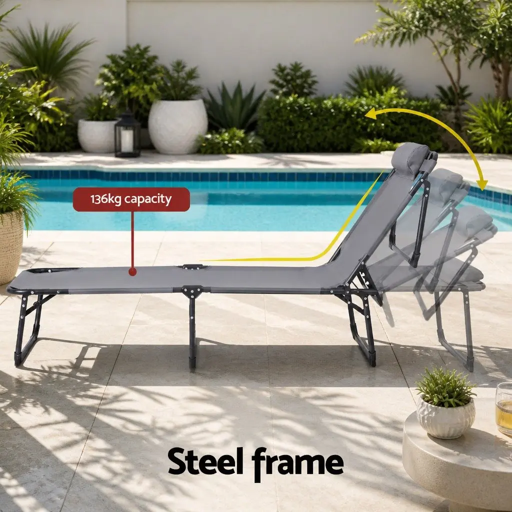 Sun Lounger 4-Position Adjustable Backrest Folding Beach Chair Outdoor Patio Furniture