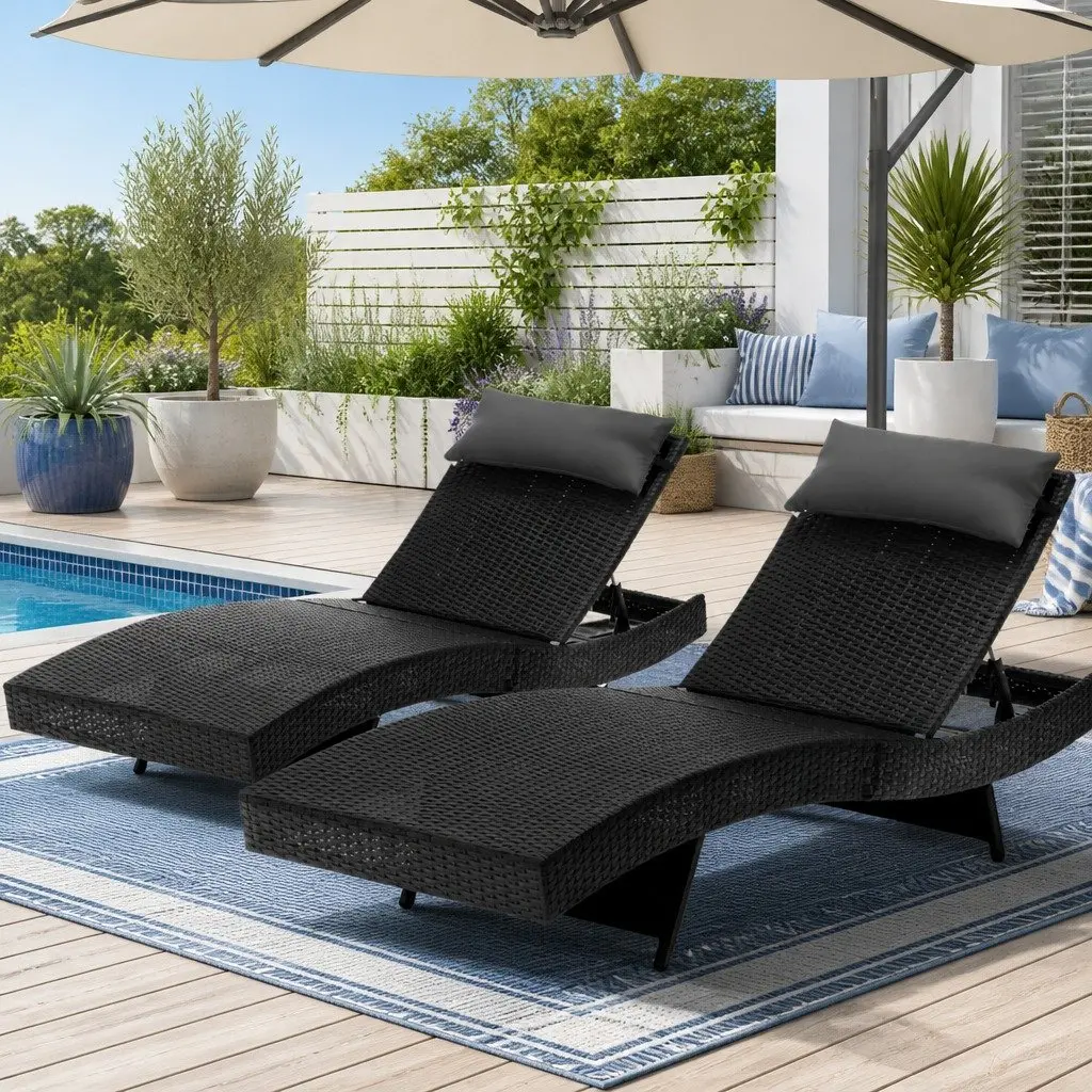 Outdoor Sun Lounge Chair 2PC Adjustable Wicker Lounger with Cushioned Headrest for Garden and Beach