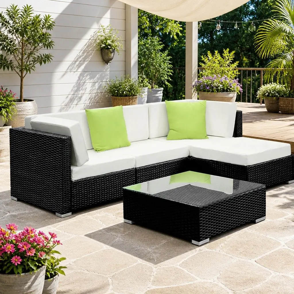 5 Piece Outdoor Sofa Set Wicker Lounge Couch Black Weather Resistant Garden Furniture