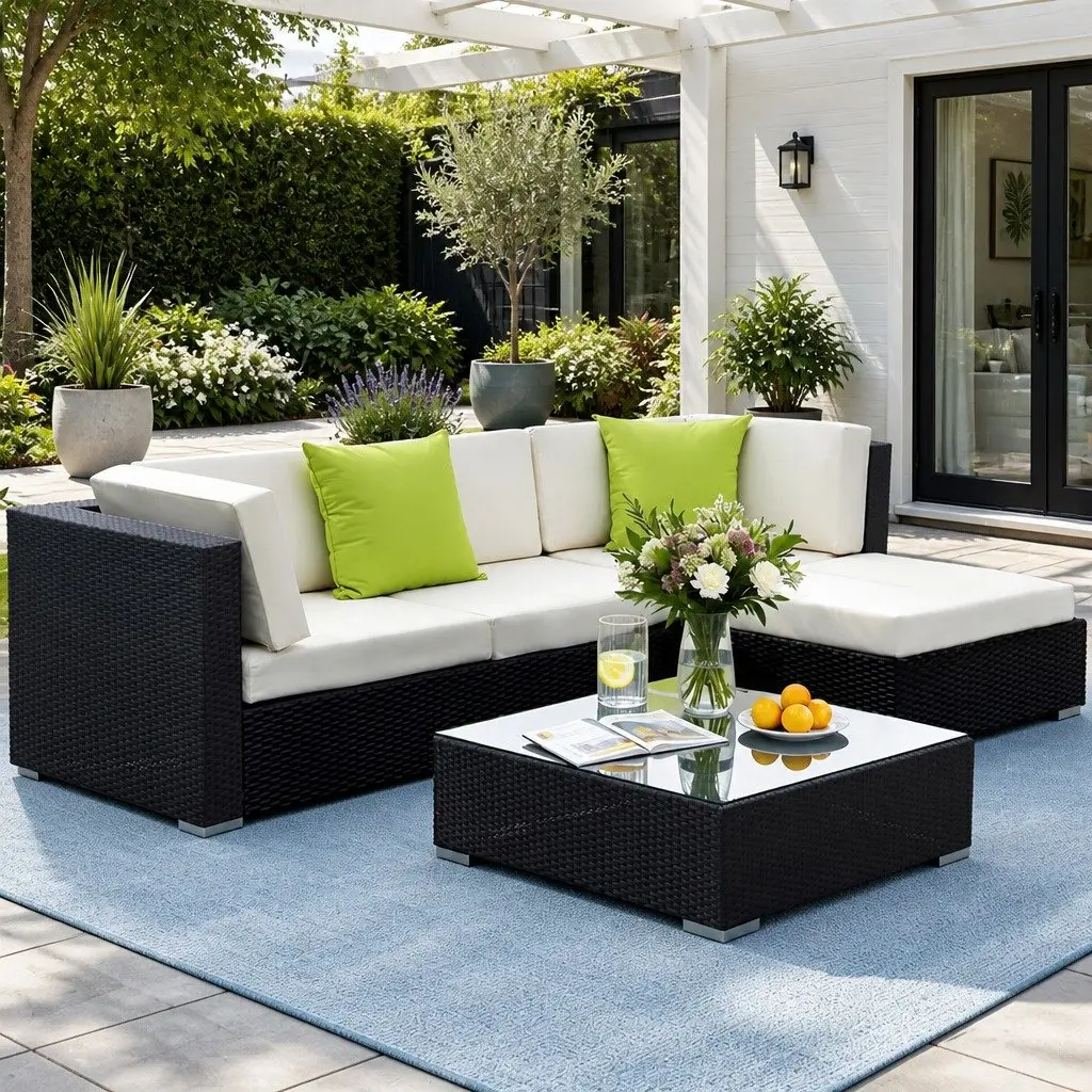 5-Piece Outdoor Wicker Sofa Set Black Couch Lounge with Cushions and Tempered Glass Table