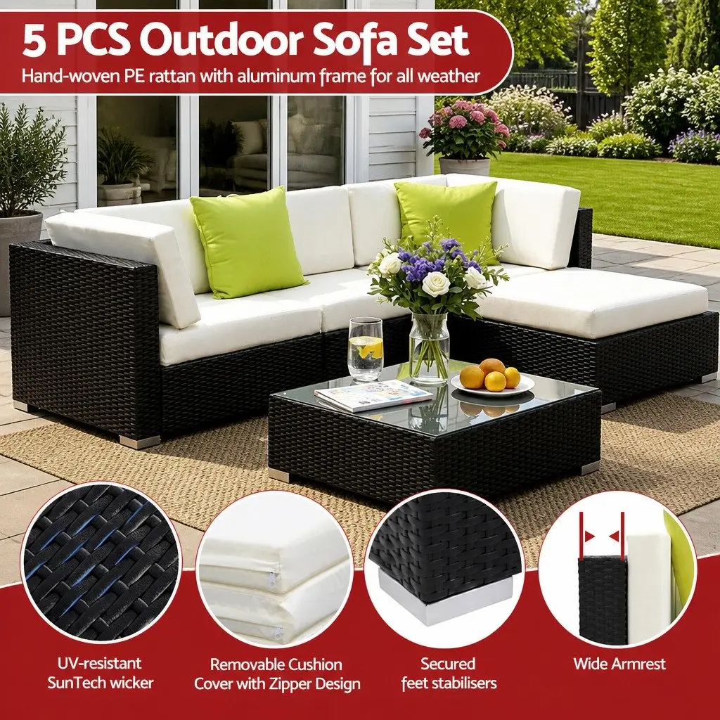 5-Piece Outdoor Wicker Sofa Set Black Couch Lounge with Cushions and Tempered Glass Table