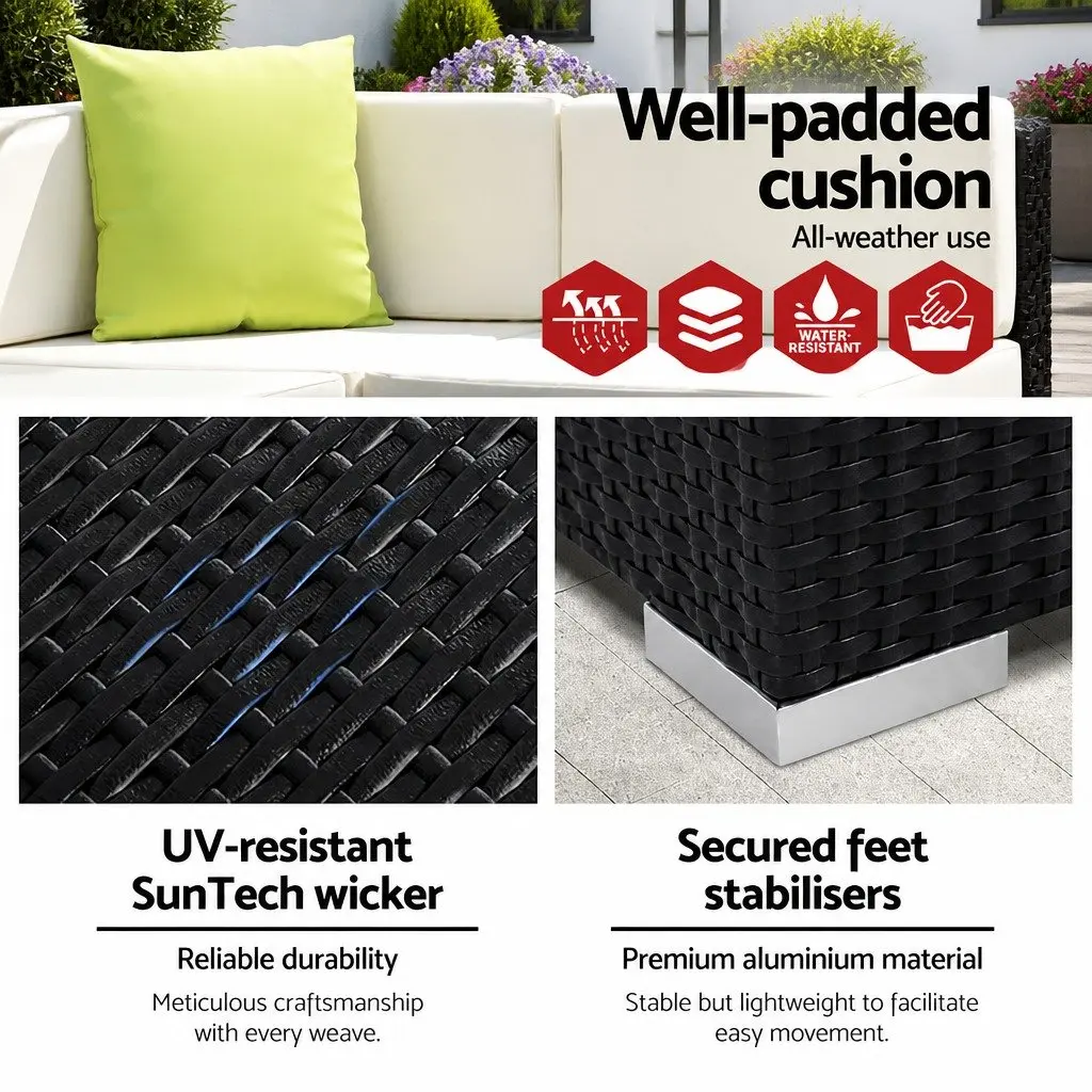 Wicker Outdoor Sofa Set 8 Piece 7 Seater Black Durable Lounge Furniture with Cushions and Glass Table