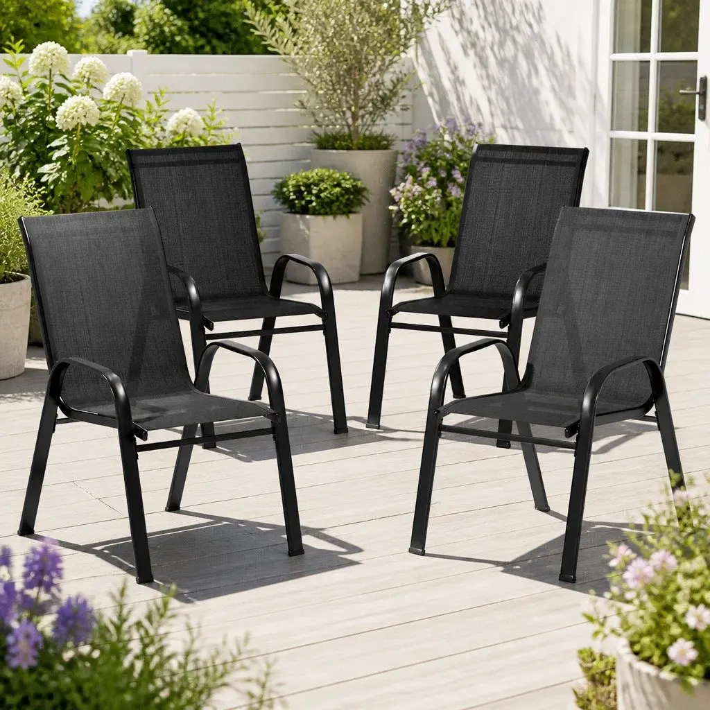 Stackable Outdoor Dining Chairs 4 Piece Weather Resistant Black Steel Frame