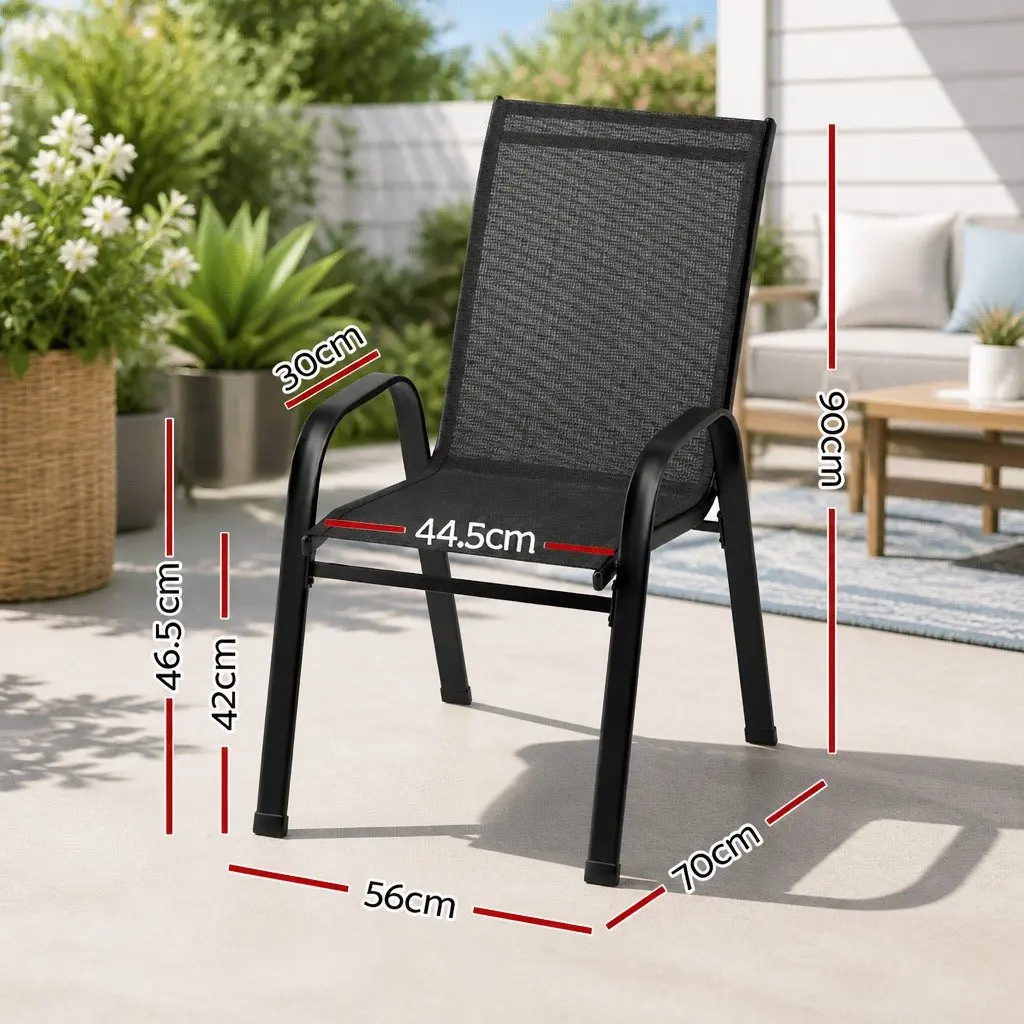 Stackable Outdoor Dining Chairs 4 Piece Weather Resistant Black Steel Frame