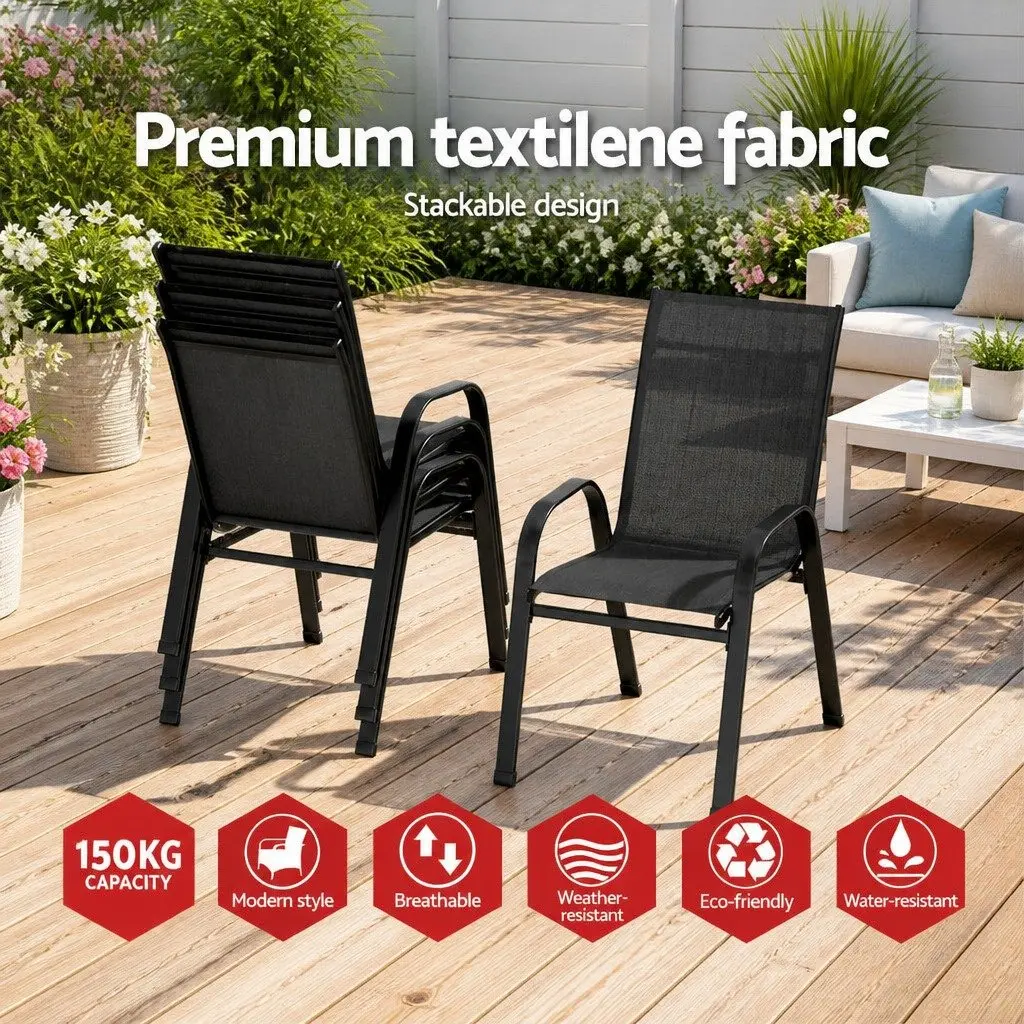 Stackable Outdoor Dining Chairs 4 Piece Weather Resistant Black Steel Frame