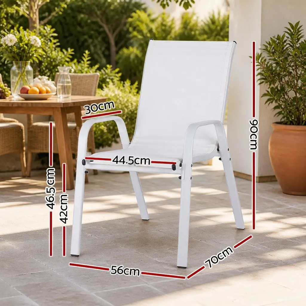 Outdoor Dining Chairs Stackable 4 Piece Set White Steel Frame Textilene Fabric